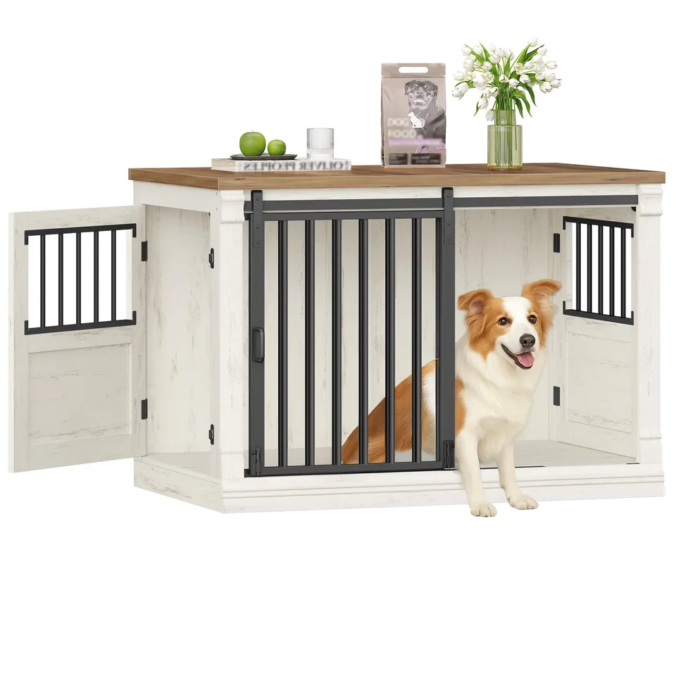 hexcelen-meuble-cage-chien-101-cm-niche-blanc-marron-porte-coulissante image 1