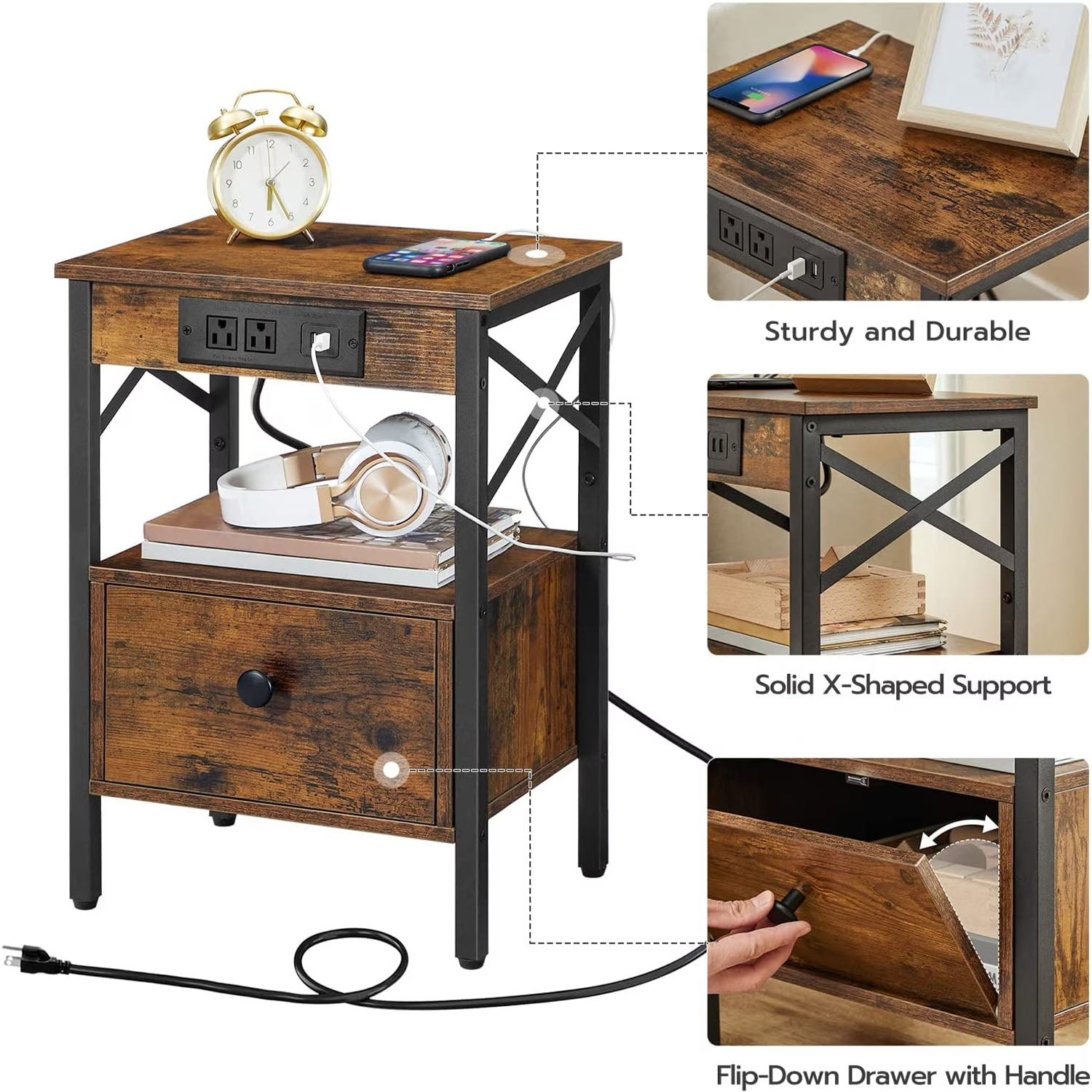 hoobro-table-de-chevet-avec-station-de-charge-marron-tiroir image 7