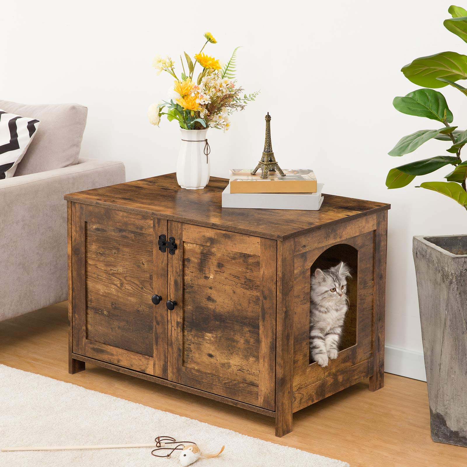 hoobro-pet-furniture-meuble-liti-re-chat-marron-cach image 2