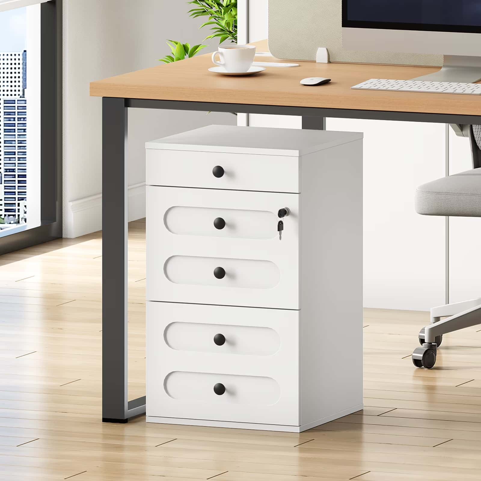 hoobro-caisson-de-bureau-blanc-3-tiroirs-verrou-roulettes image 4