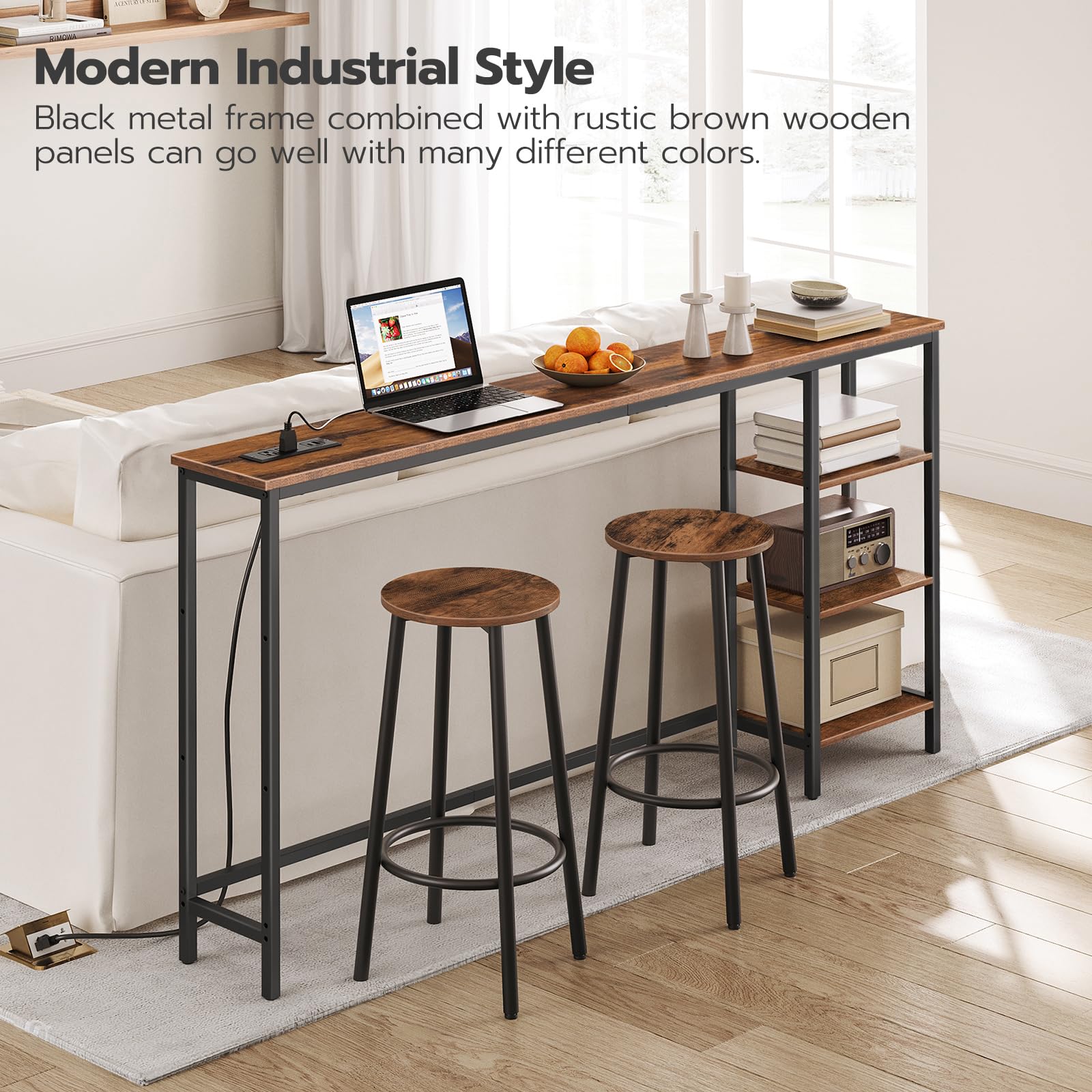 hoobro-console-table-console-marron-160-cm-avec-prises-usb image 5