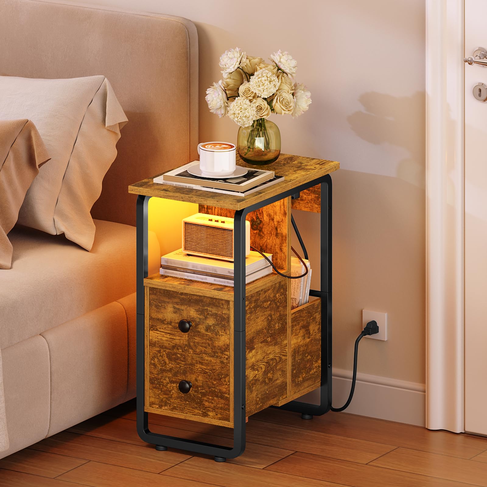 hoobro-bf430udbz01-table-chevet-troite-marron-led-prise image 2