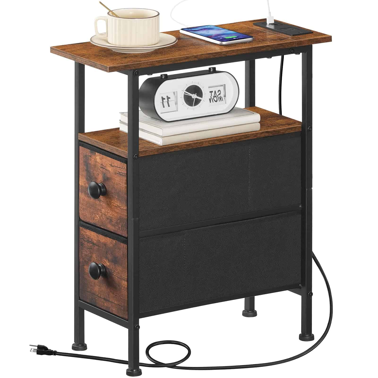 hoobro-table-d-appoint-troite-marron-prise-usb-tiroirs image 1