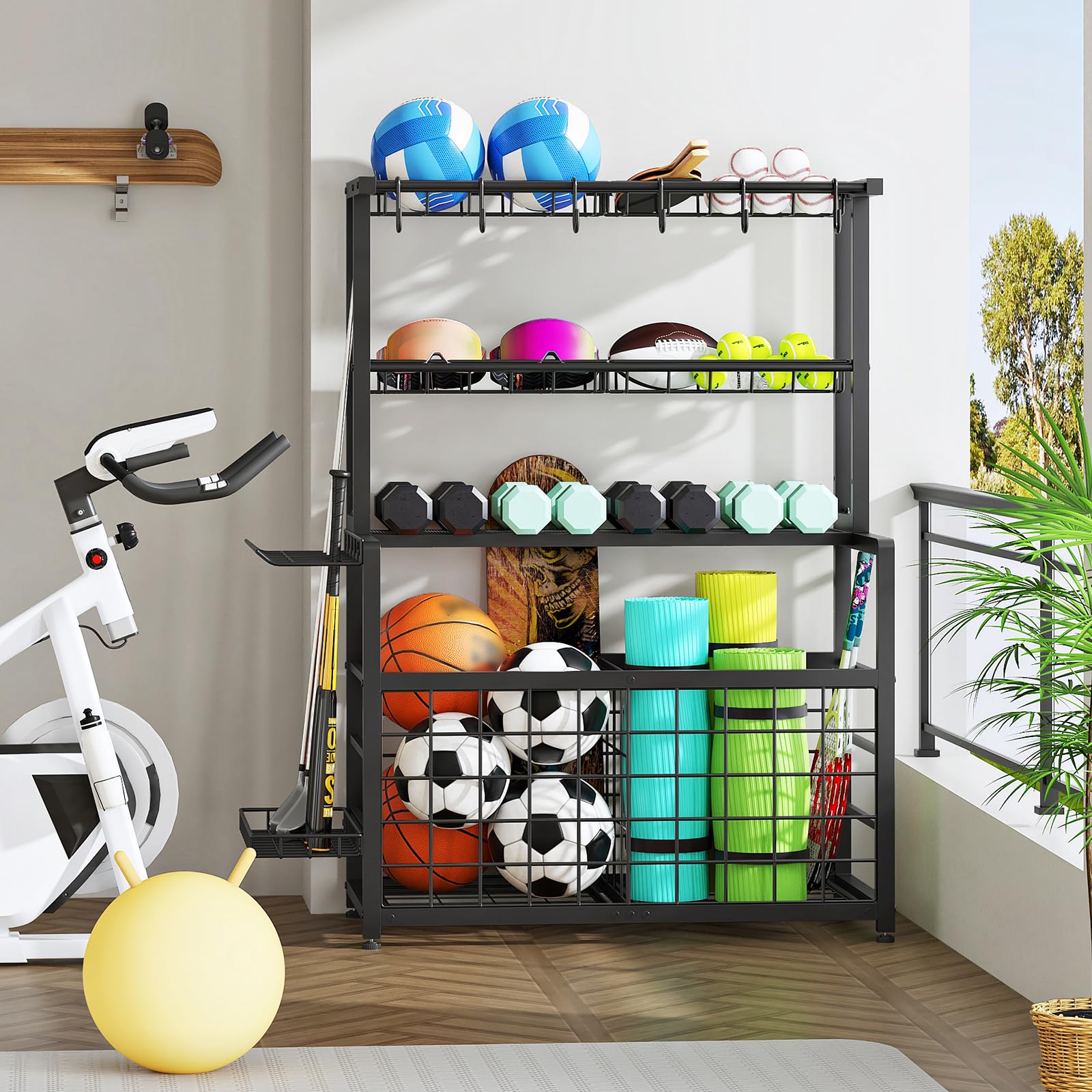 hoobro-range-ballons-noir-avec-panier-et-crochets-sport image 6