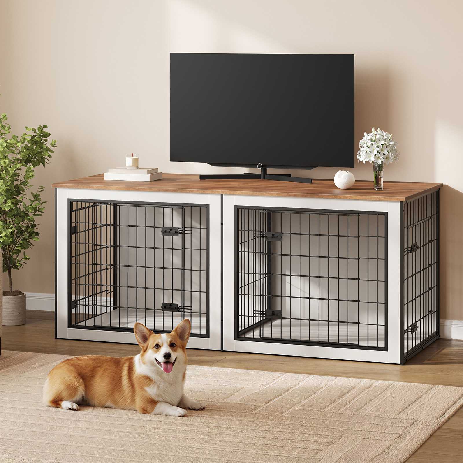 hoobro-niche-chien-bois-blanc-meuble-cage-avec-s-paration image 2
