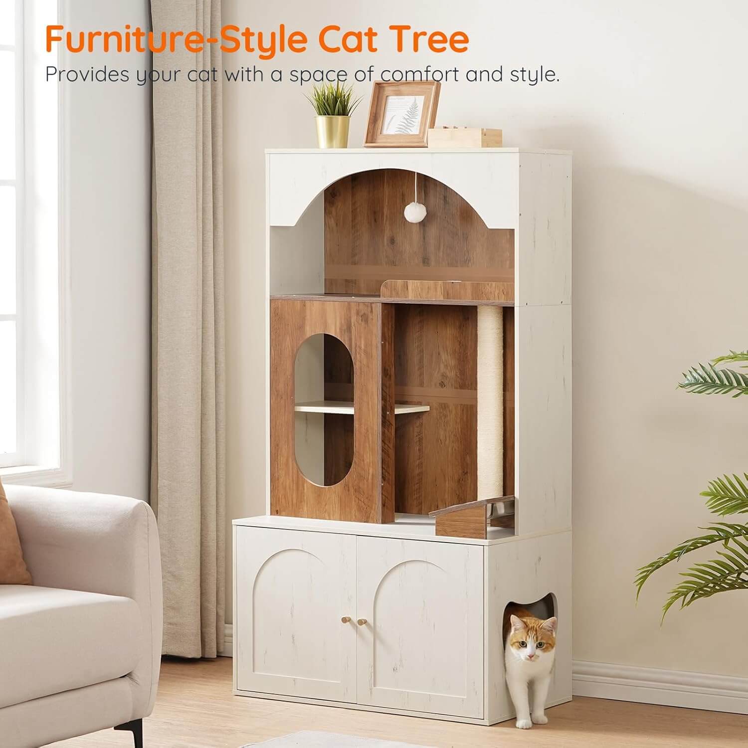 hoobro-pet-furniture-arbre-chat-blanc-liti-re-gamelles-58-7 image 2