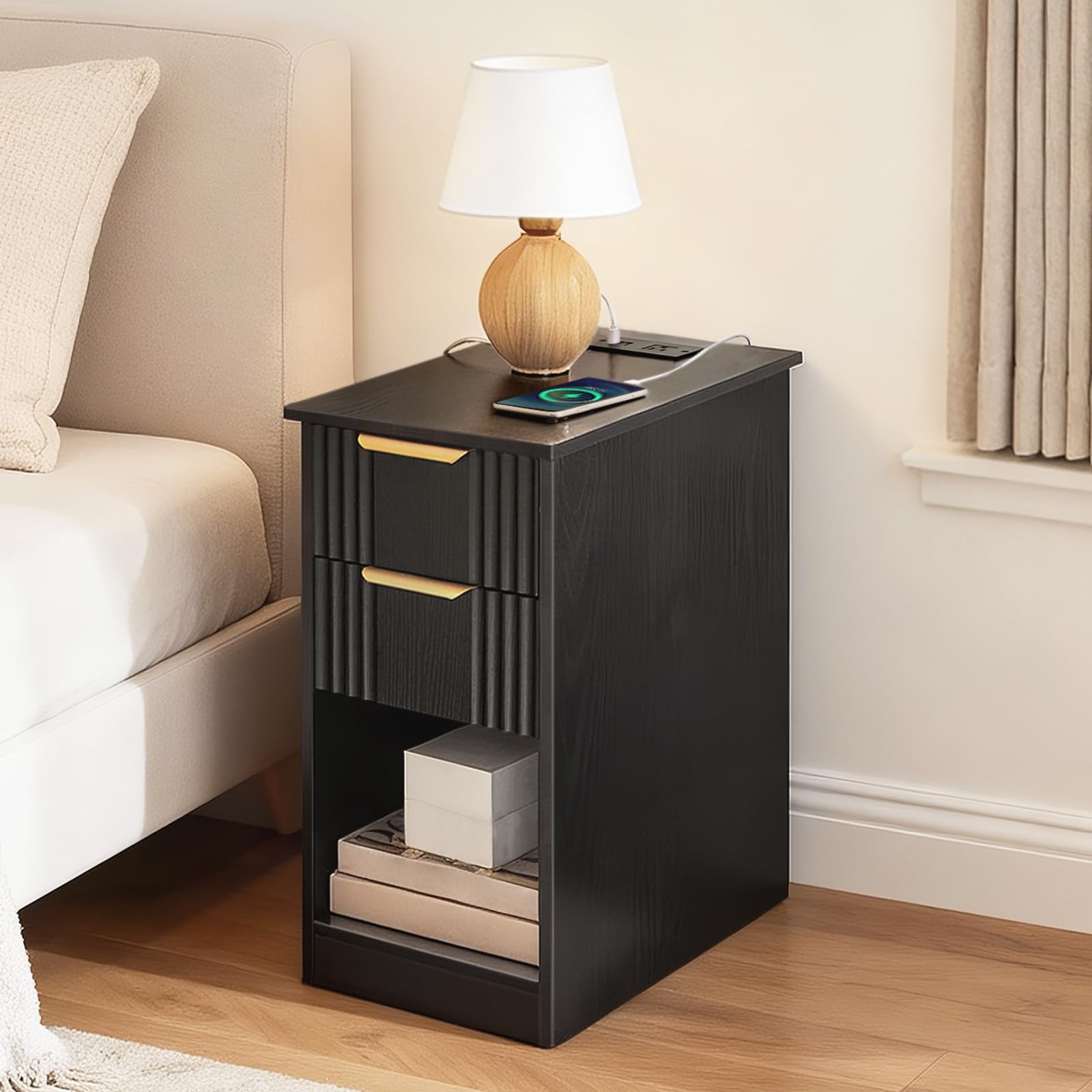 hoobro-table-de-chevet-noire-cannel-e-avec-station-charge image 2