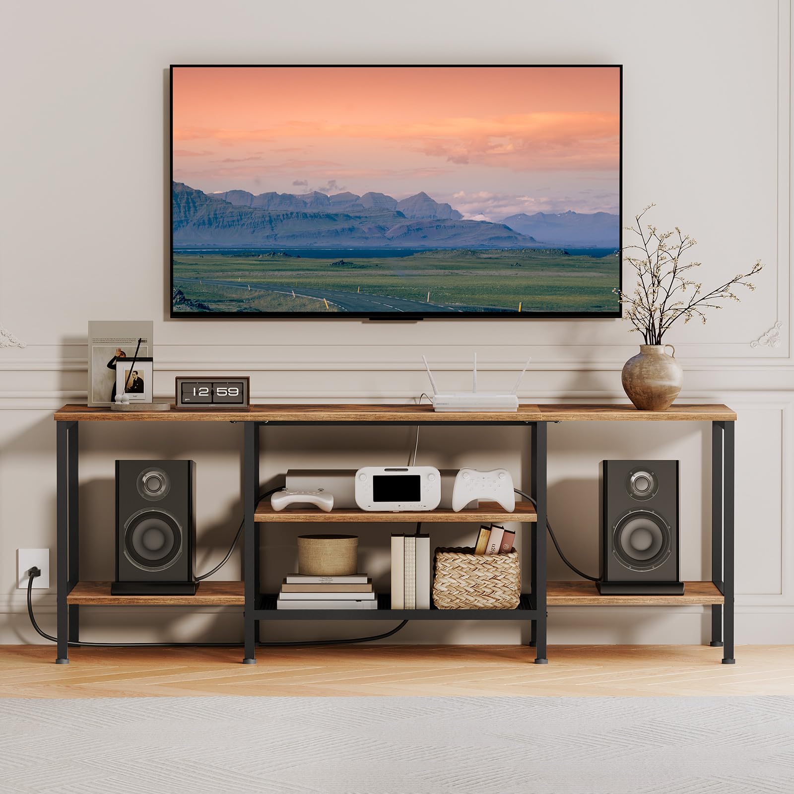 hoobro-meuble-tv-65-pouces-marron-prises-3-niveaux image 7