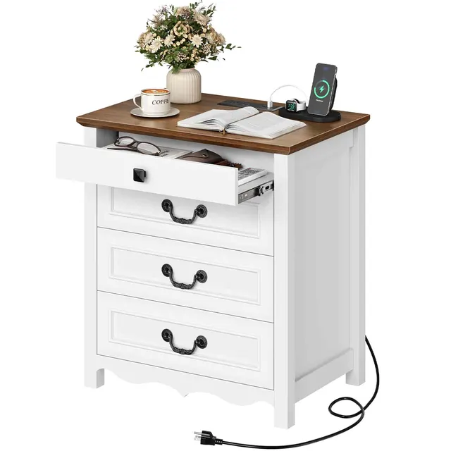 hoobro-nightstands-table-de-nuit-blanche-3-tiroirs-prise-usb image 1