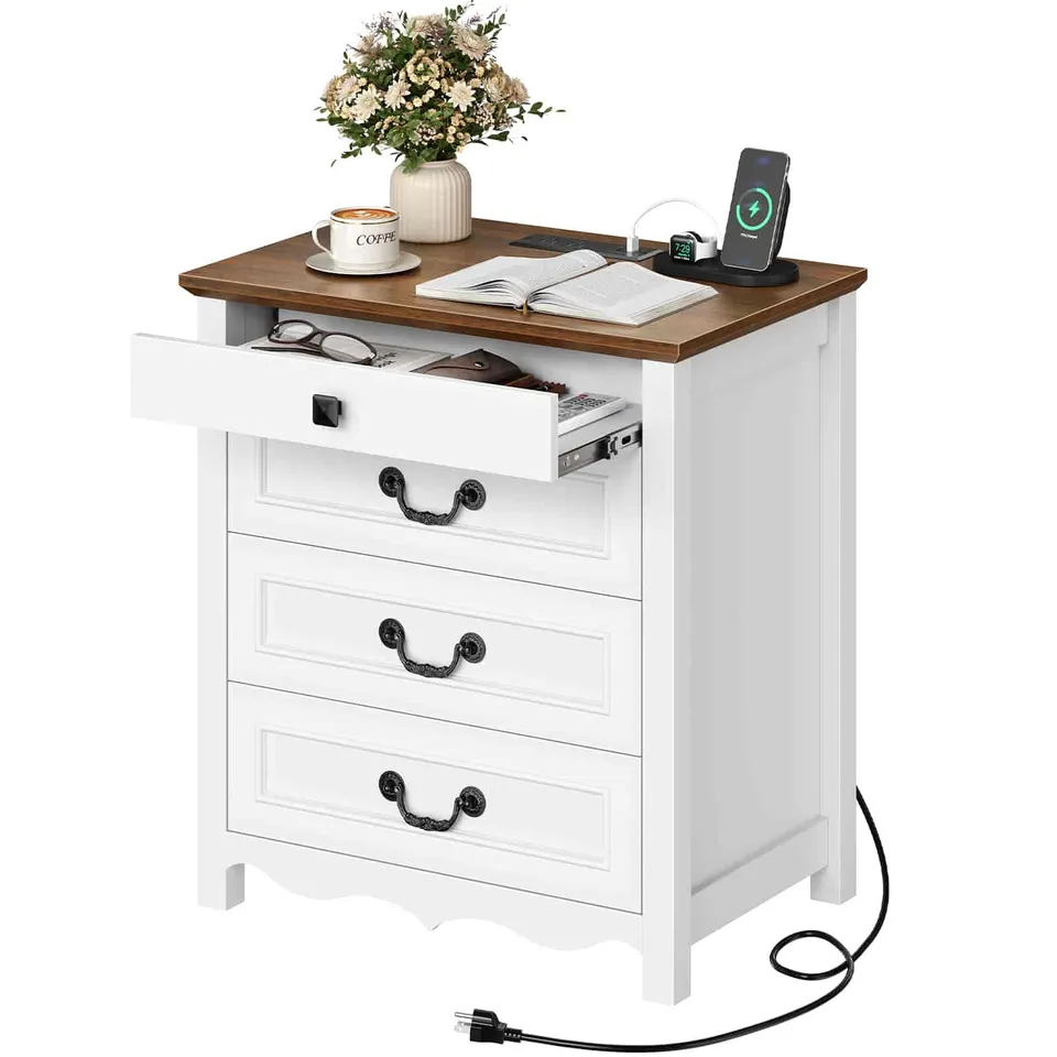hoobro-nightstands-table-de-nuit-blanche-3-tiroirs-prise-usb image 1