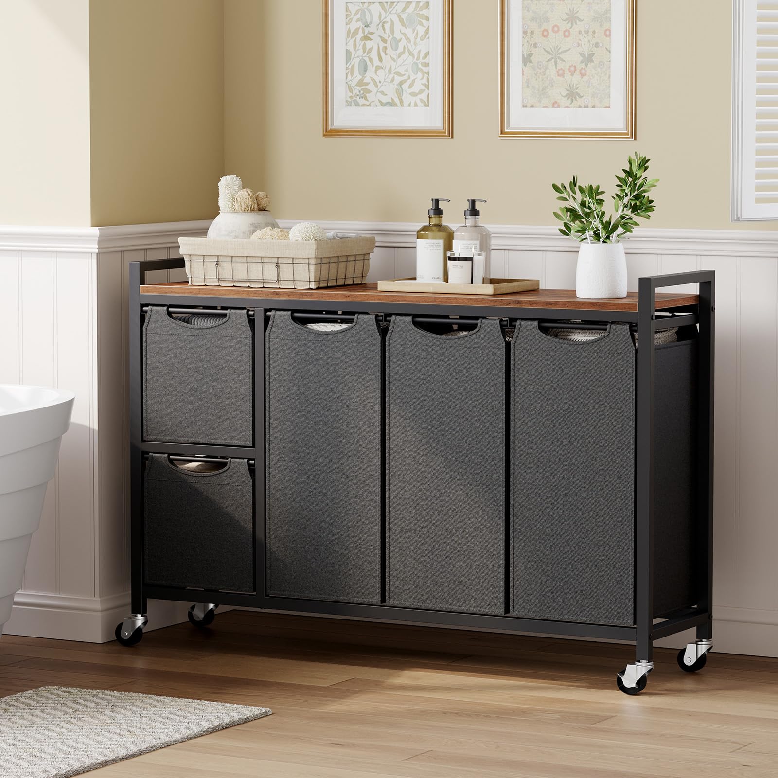 hoobro-bf26xy01-panier-linge-5-bacs-170l-marron-roulettes image 7