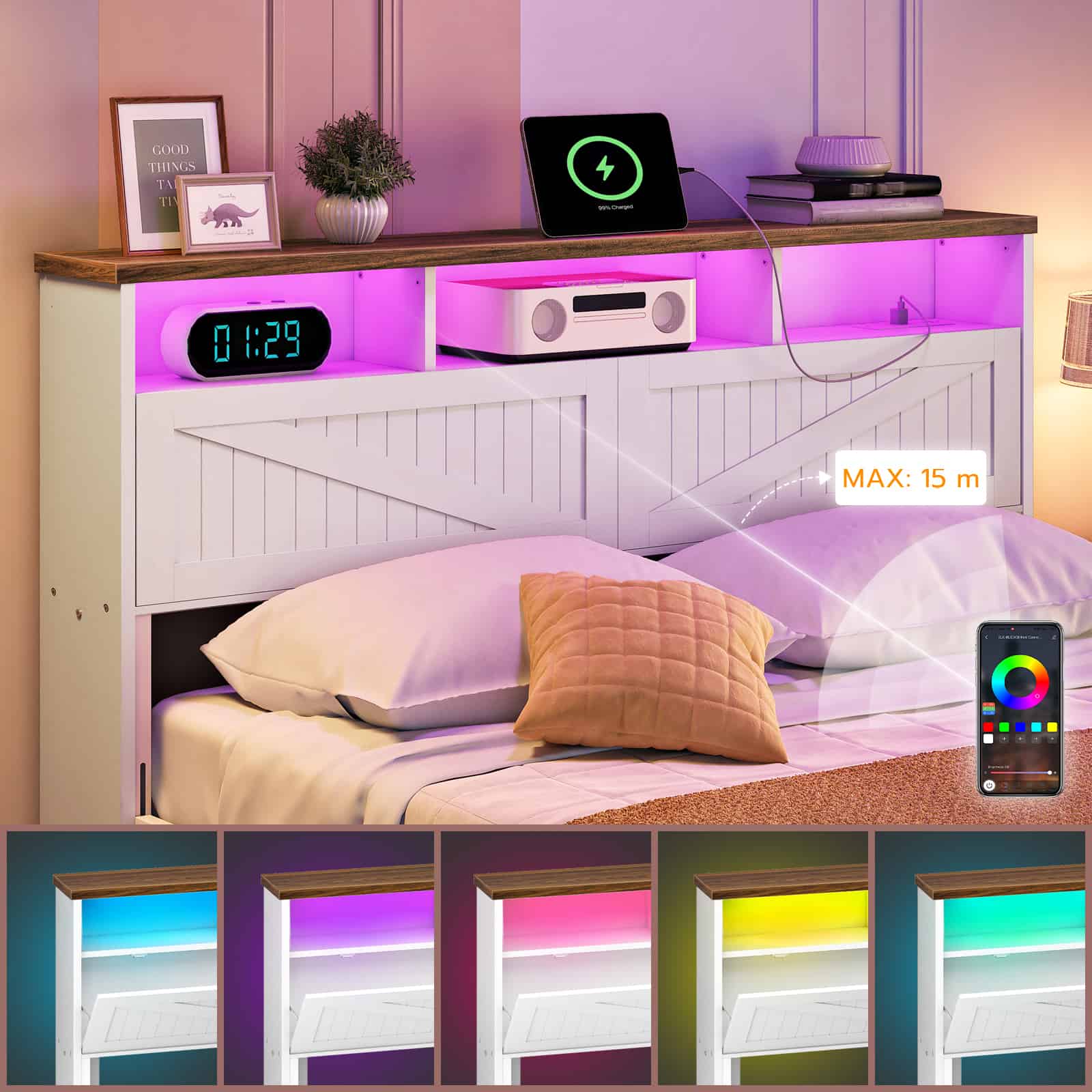 hoobro-t-te-de-lit-blanche-rangement-led-usb-biblioth-que image 8