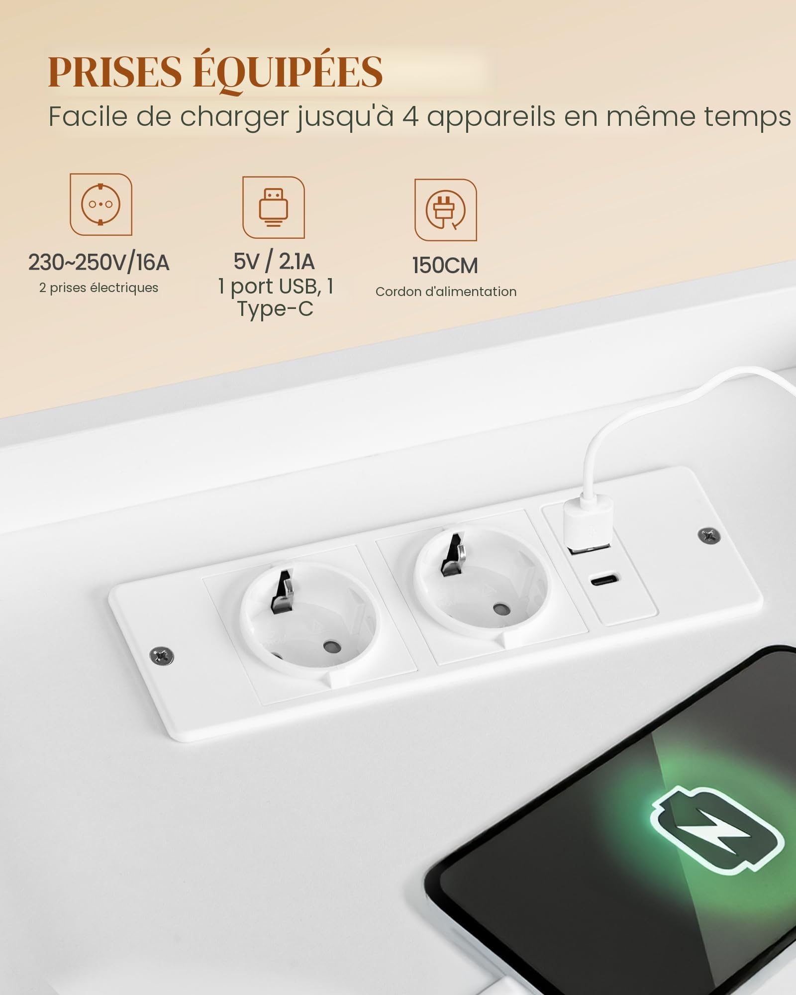 hexcelen-table-de-chevet-led-blanc-usb-2-tiroirs image 4