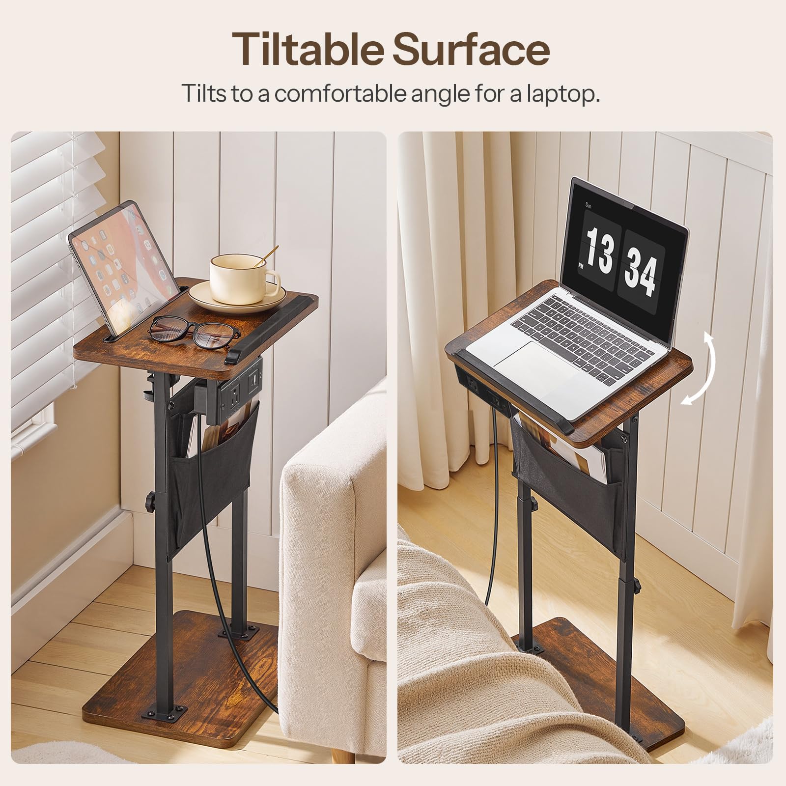 hoobro-side-tables-bout-de-canap-marron-hauteur-r-glable-avec-prise image 8