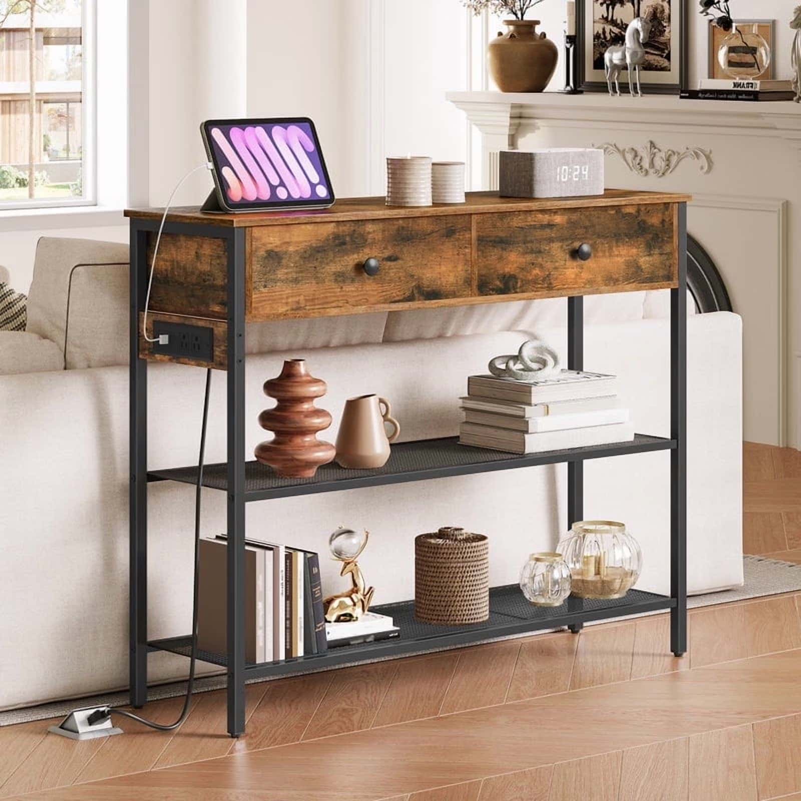 hoobro-console-table-console-entr-e-3-niveaux-marron-tiroirs image 6