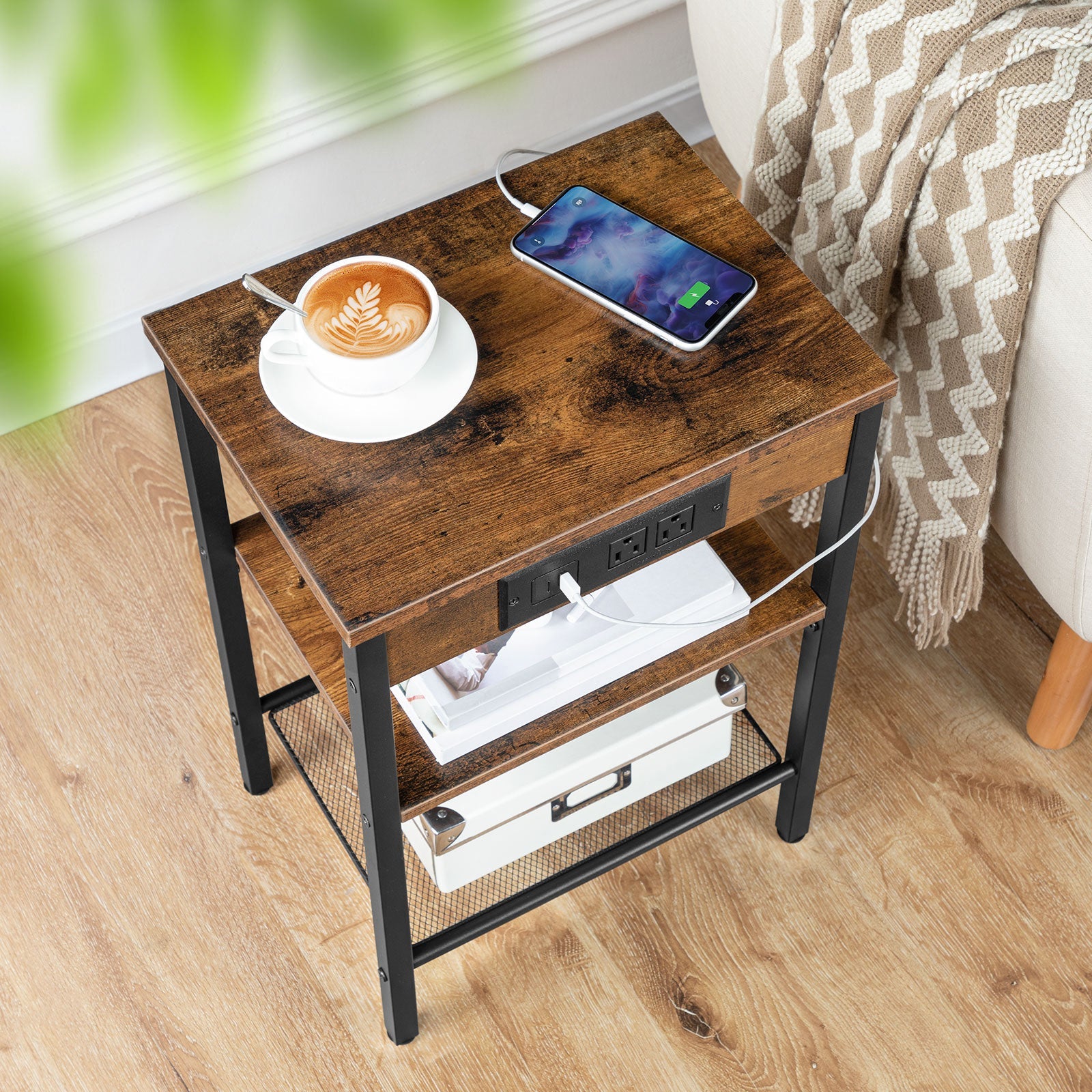 hoobro-side-tables-3-niveaux-table-appoint-marron-usb image 5