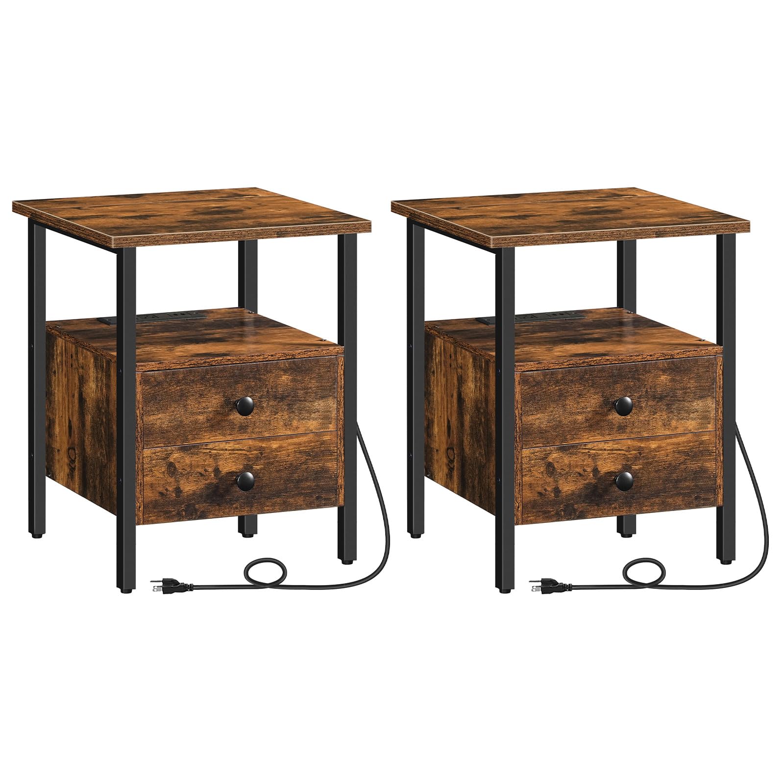 hoobro-lot-2-tables-de-chevet-marron-prise-usb-2-tiroirs image 1