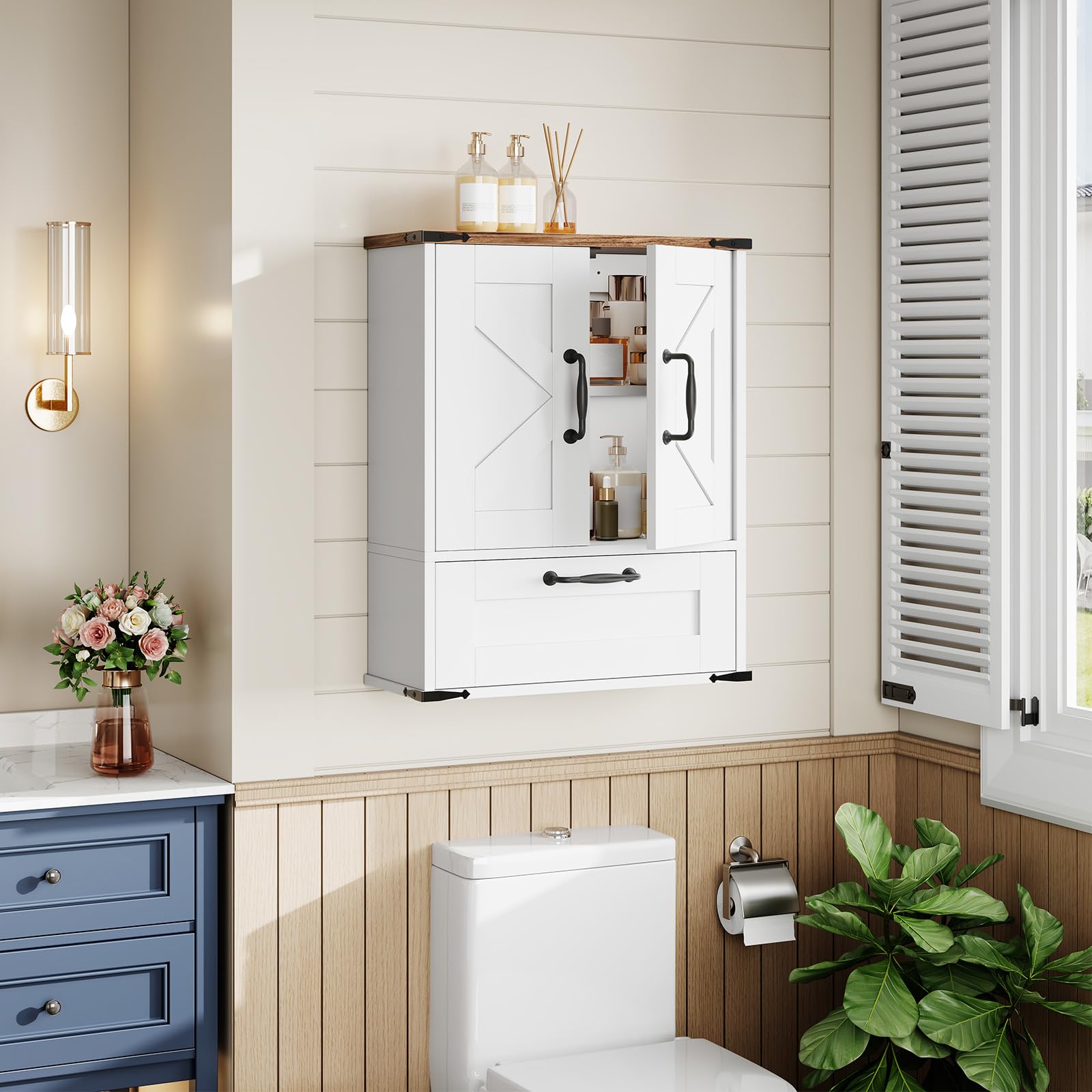 hoobro-armoire-murale-salle-de-bain-blanche-tiroir-farmhouse image 2