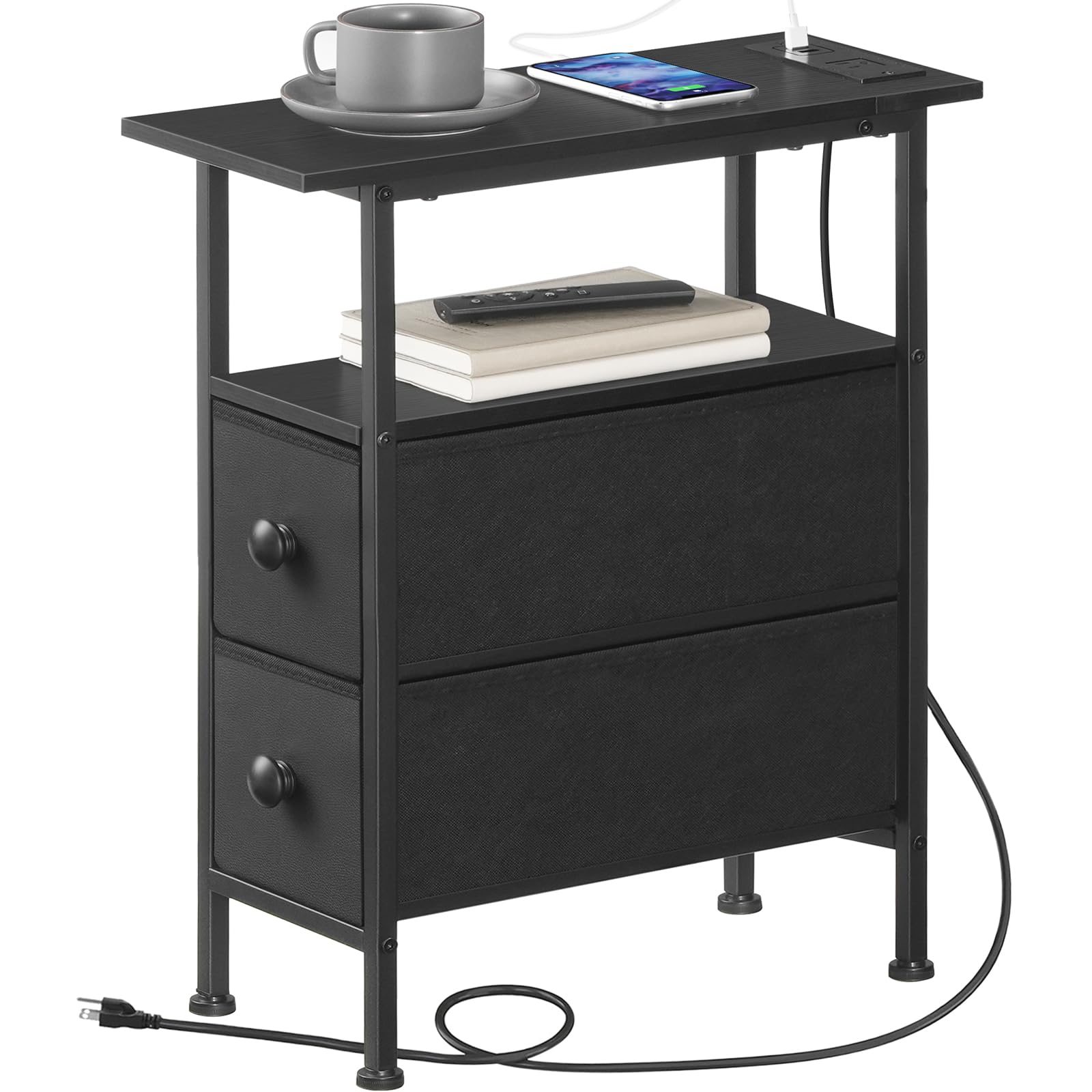 hoobro-side-tables-table-nuit-noire-avec-prise-2-tiroirs image 3