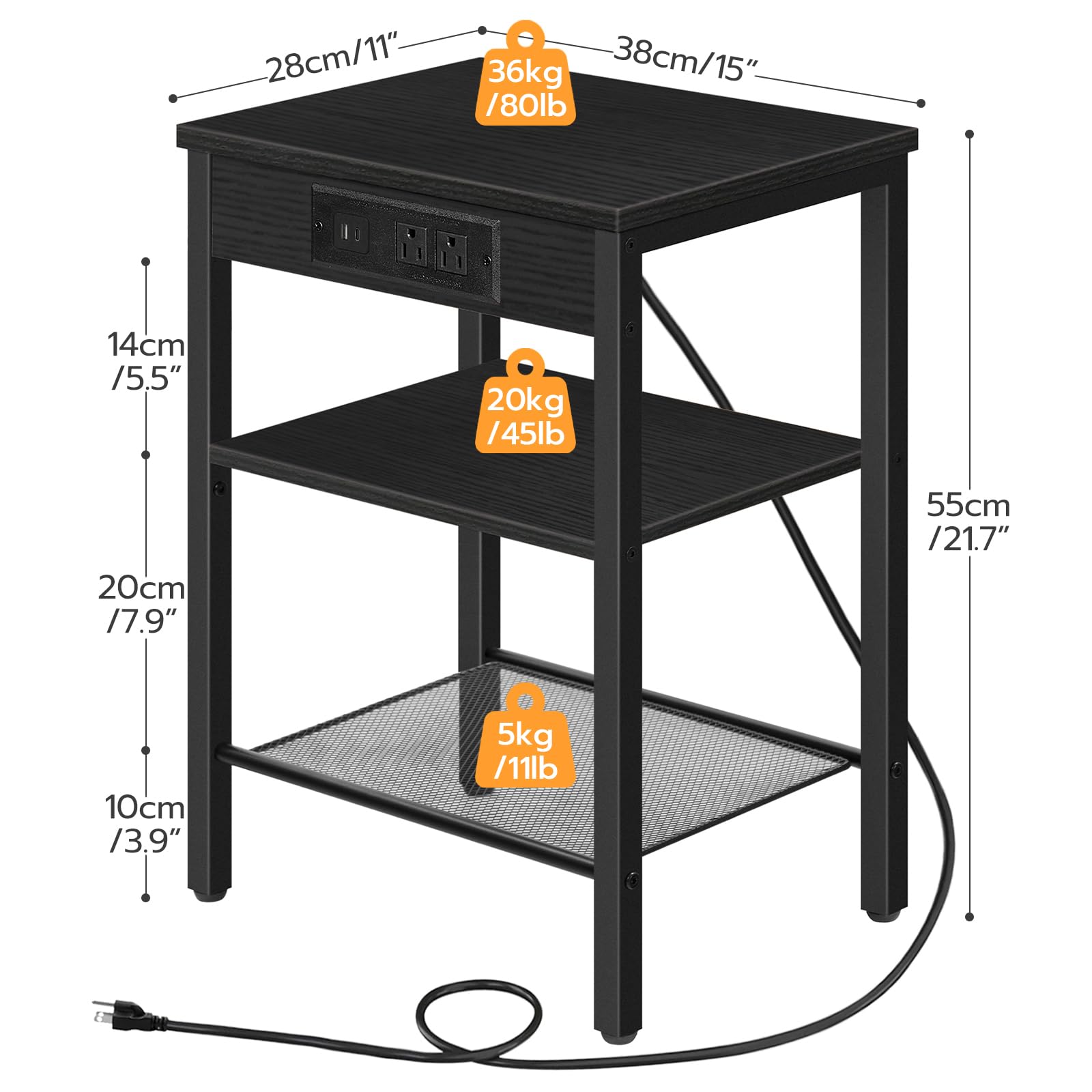 hoobro-side-tables-table-d-appoint-3-niveaux-noire-usb-type-c image 3