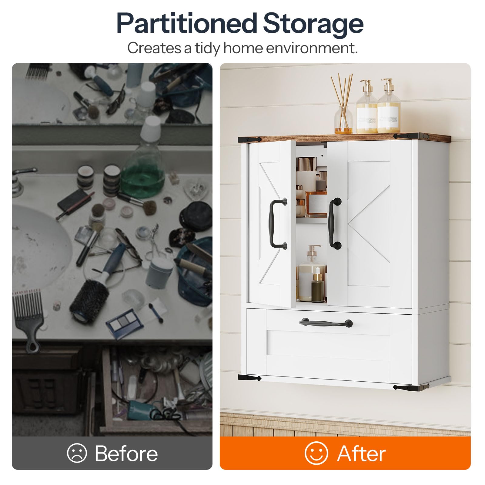 hoobro-armoire-murale-salle-de-bain-blanche-tiroir-farmhouse image 7