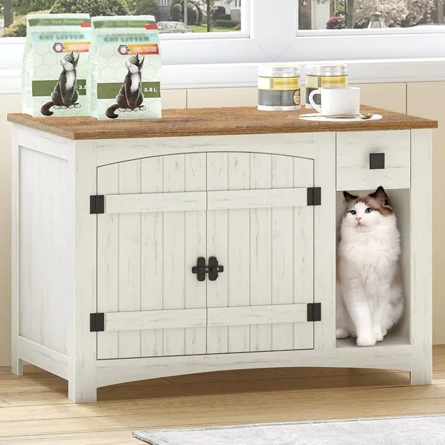 hexcelen-biblioth-ques-meuble-liti-re-chat-marron-blanc-tiroir image 1