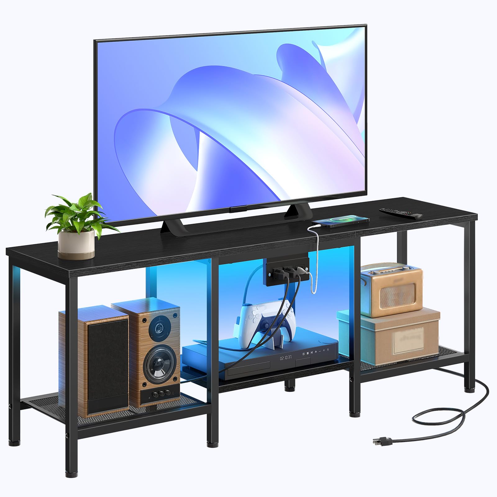hoobro-meuble-tv-55-pouces-noir-led-avec-prises image 3