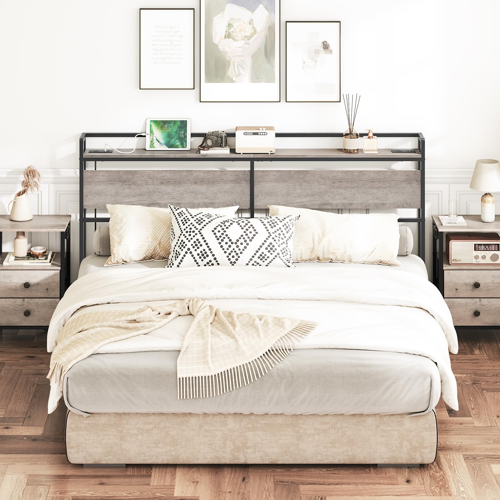 hoobro-headboards-bg98ubh01-t-te-de-lit-king-greige-avec-prises-usb image 3