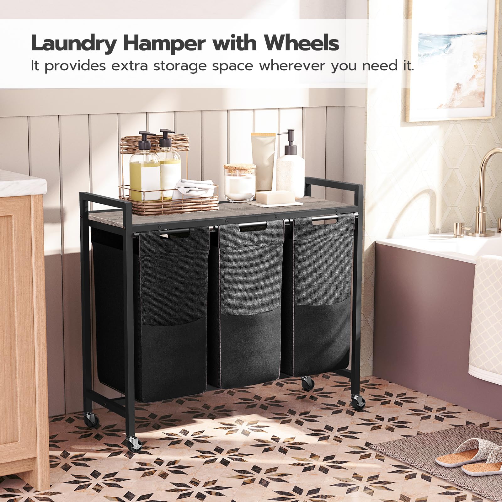 hoobro-panier-linge-3-bacs-noir-43-4-l-roulettes-avec-tag-re image 2
