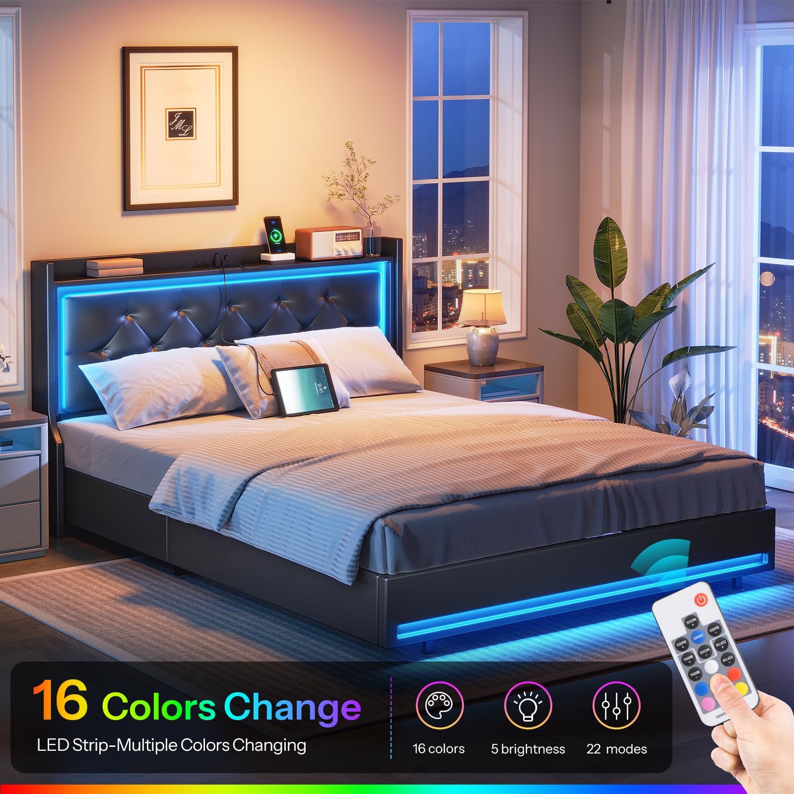 hoobro-bed-frames-lit-queen-noir-led-usb-capitonn image 5