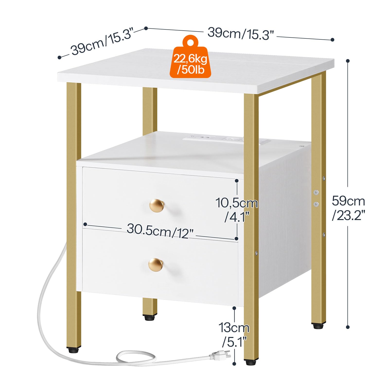 hoobro-table-de-chevet-blanche-2-tiroirs-prise-usb image 3