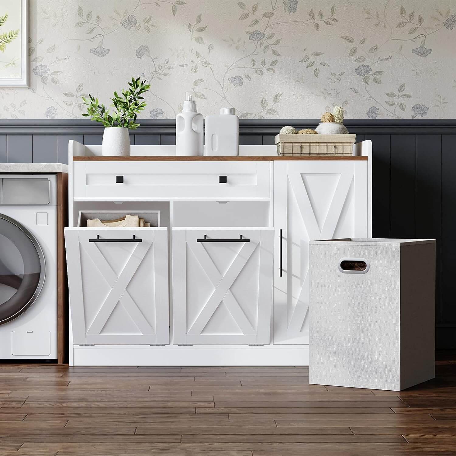 hoobro-double-panier-linge-blanc-meuble-buanderie-2-bacs image 2