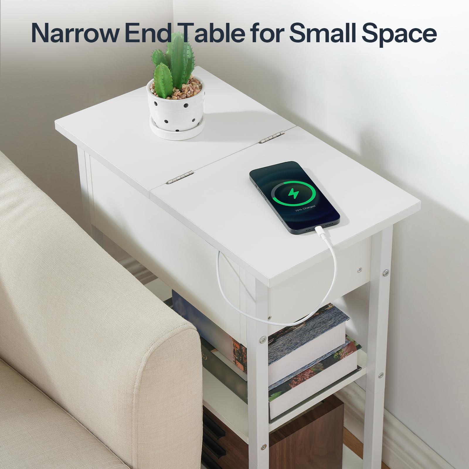 hoobro-side-tables-table-chevet-blanche-usb-abattant-troite image 4