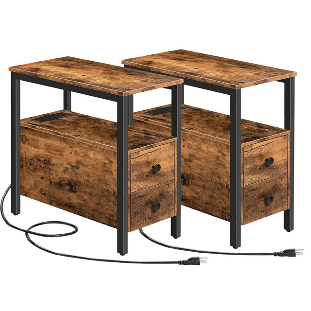 hoobro-lot-2-tables-de-chevet-marron-avec-prise image 1