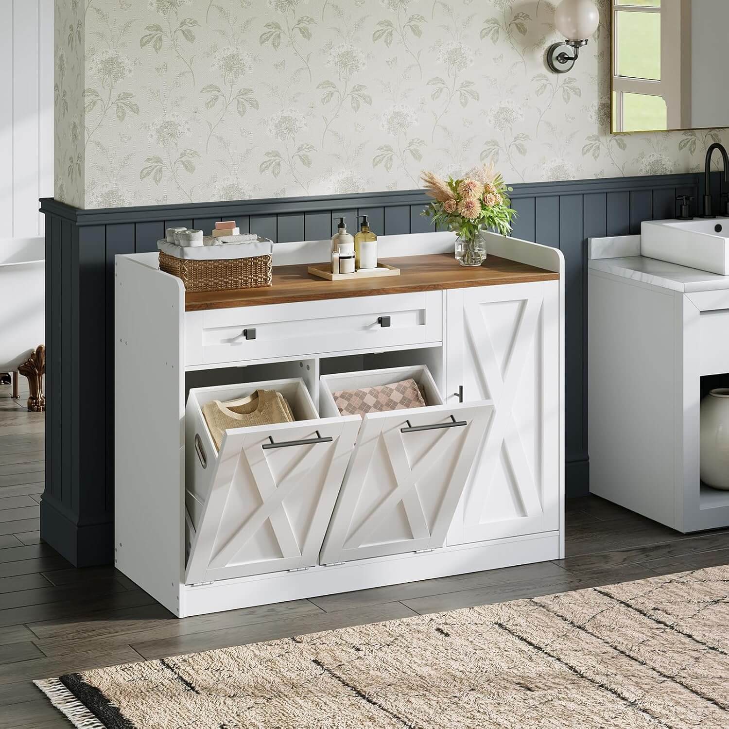 hoobro-double-panier-linge-blanc-meuble-buanderie-2-bacs image 8