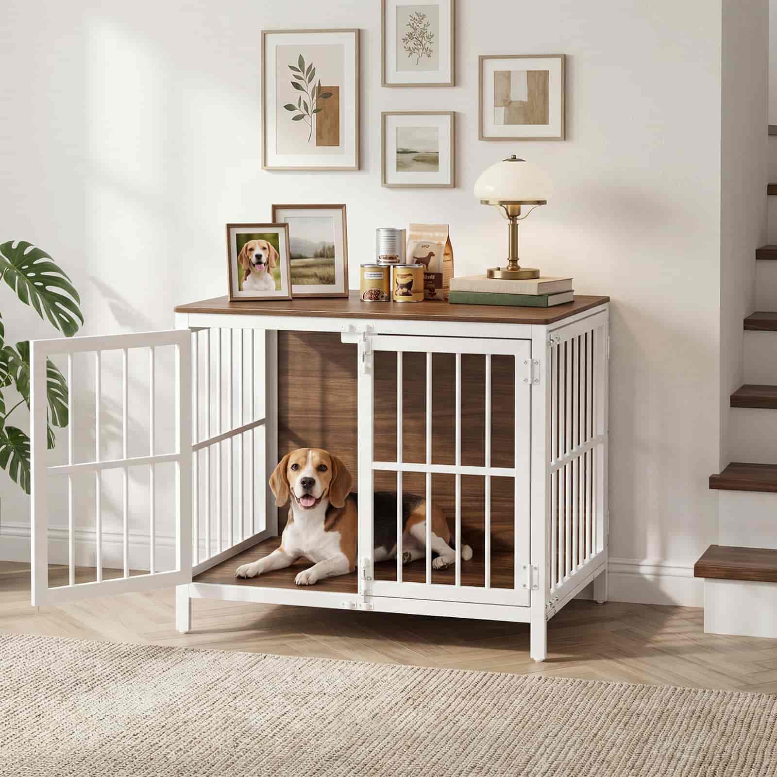 hoobro-cage-chien-bois-blanche-100-cm-3-portes-meuble image 6