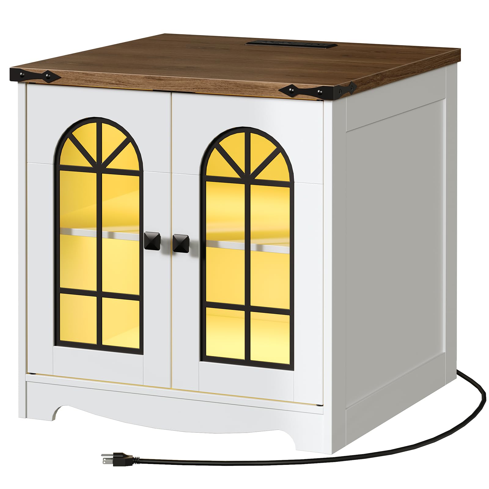 hoobro-table-de-nuit-blanche-led-avec-charge-et-armoire-2-portes image 1