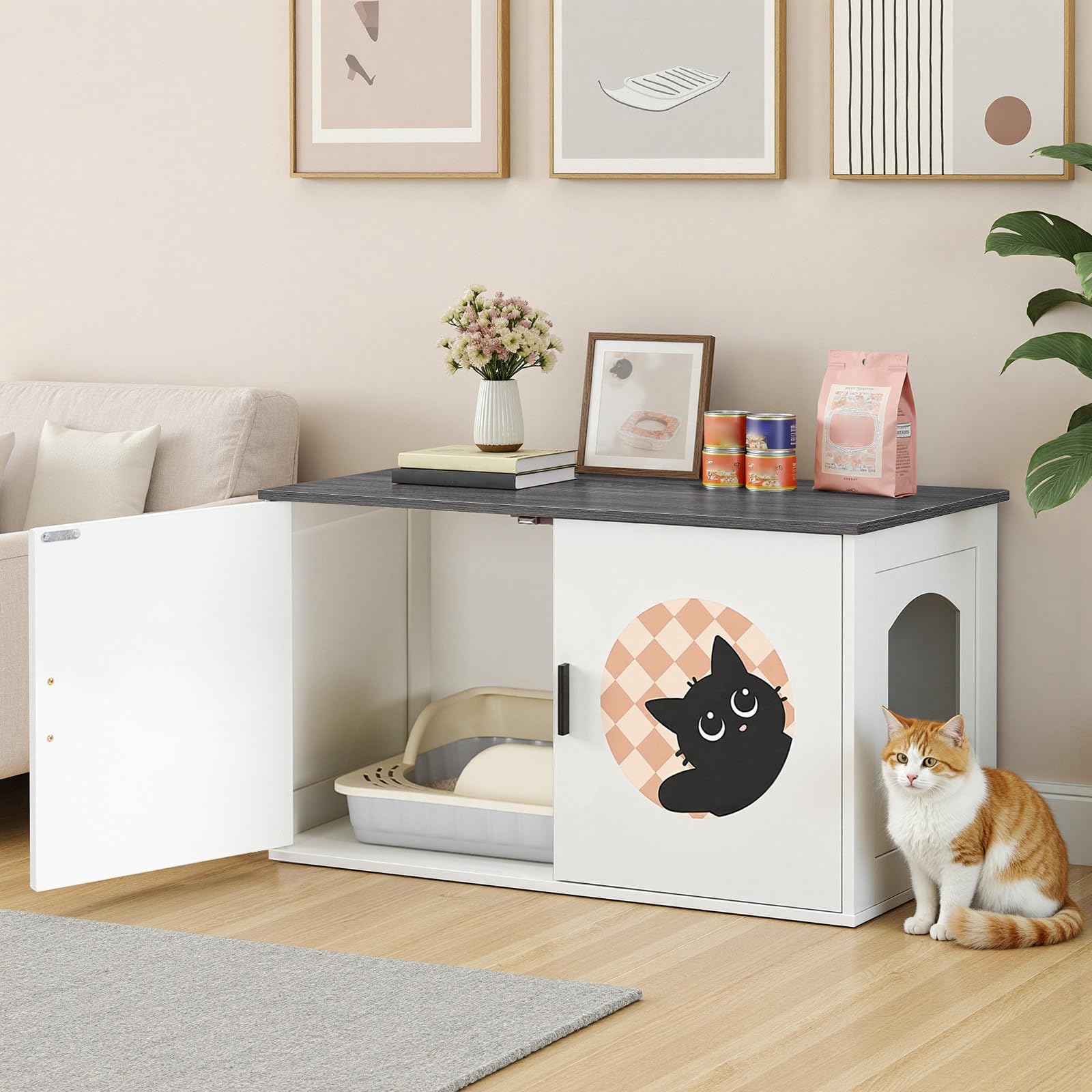 hoobro-meuble-liti-re-chat-blanc-80-cm-motifs-chats image 2