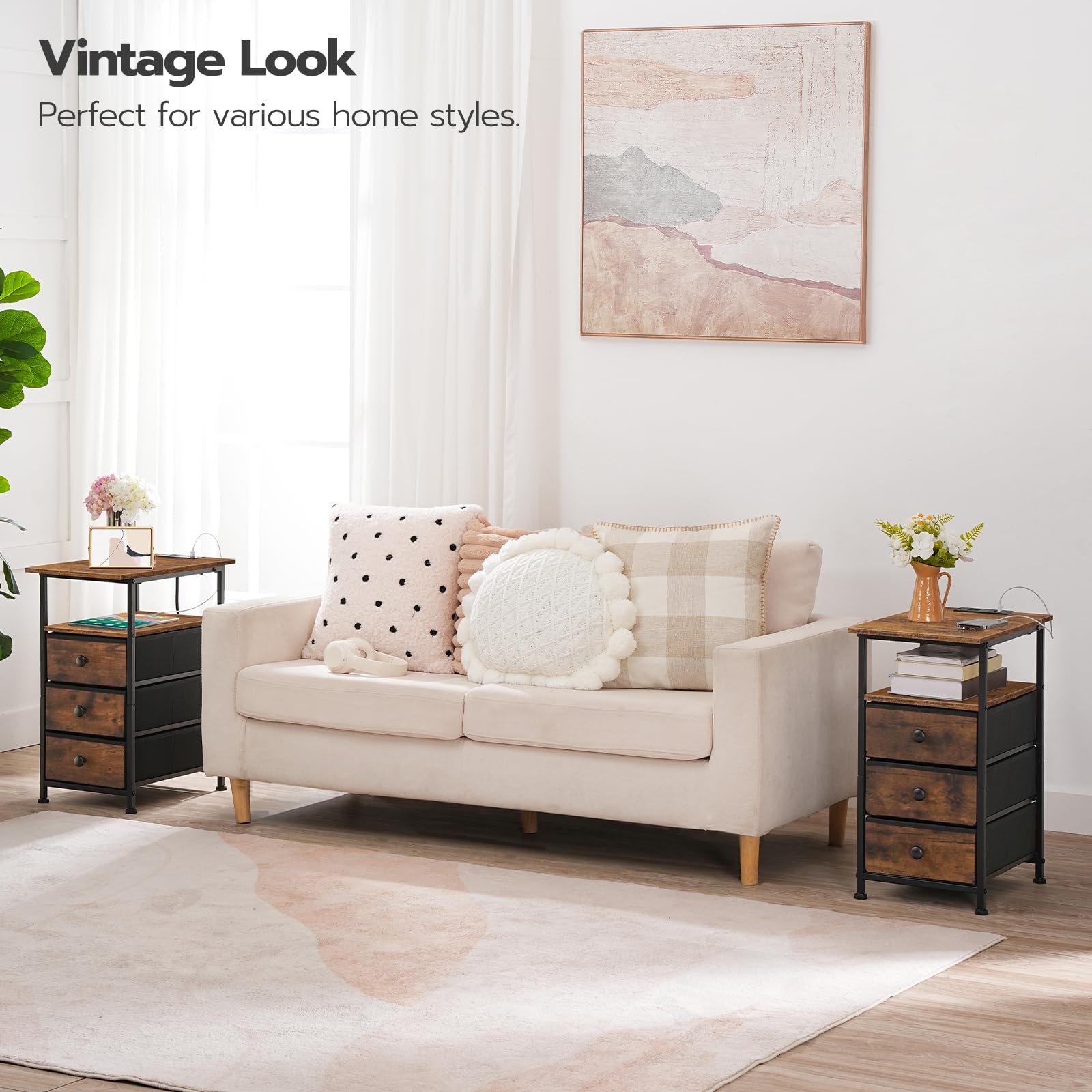 hoobro-side-tables-table-chevet-marron-avec-prise-3-tiroirs image 8