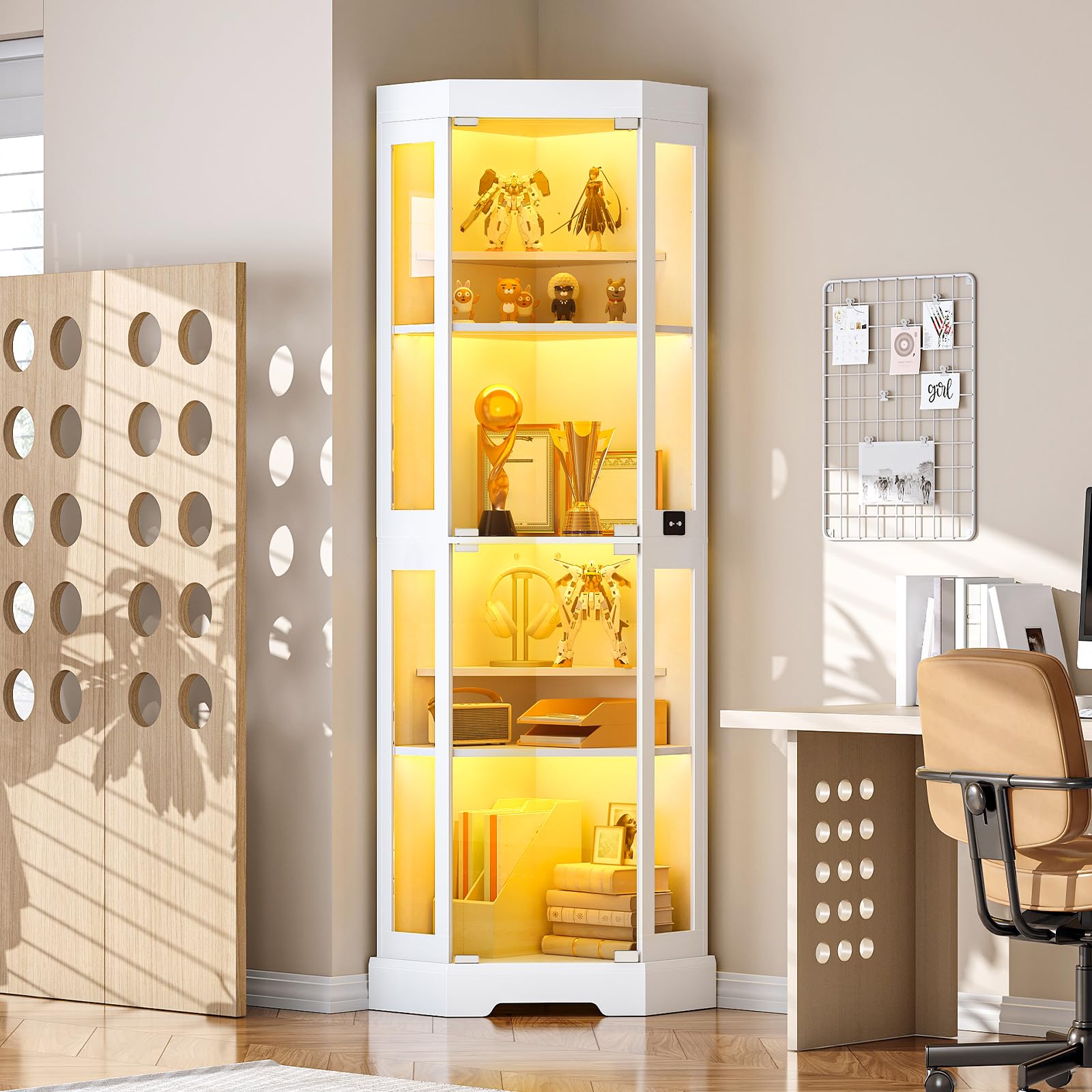hoobro-bookshelves-vitrine-d-angle-blanche-lumineuse-portes-verre image 3