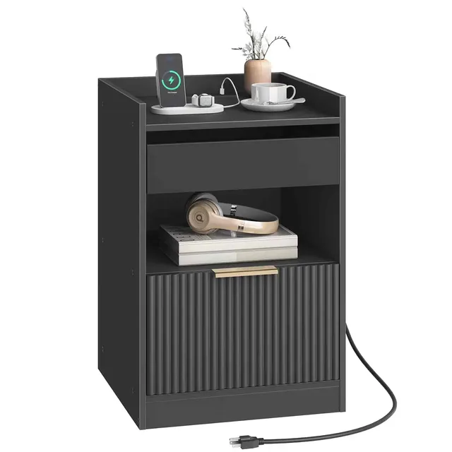 hoobro-nightstands-table-de-chevet-led-noire-avec-chargeur-tiroir image 1