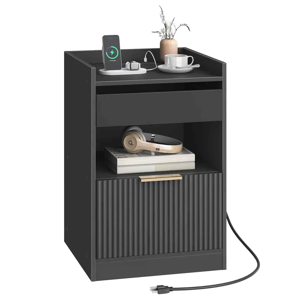 hoobro-nightstands-table-de-chevet-led-noire-avec-chargeur-tiroir image 1