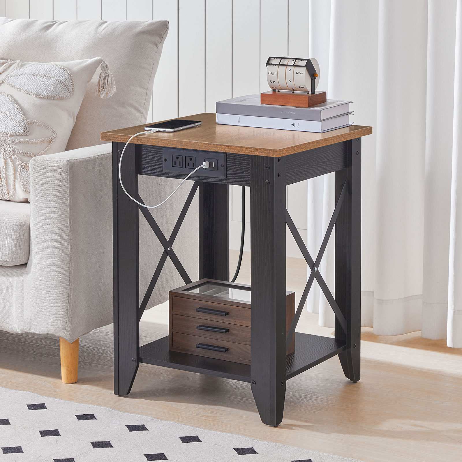 hoobro-table-chevet-2-niveaux-marron-prise-usb image 2