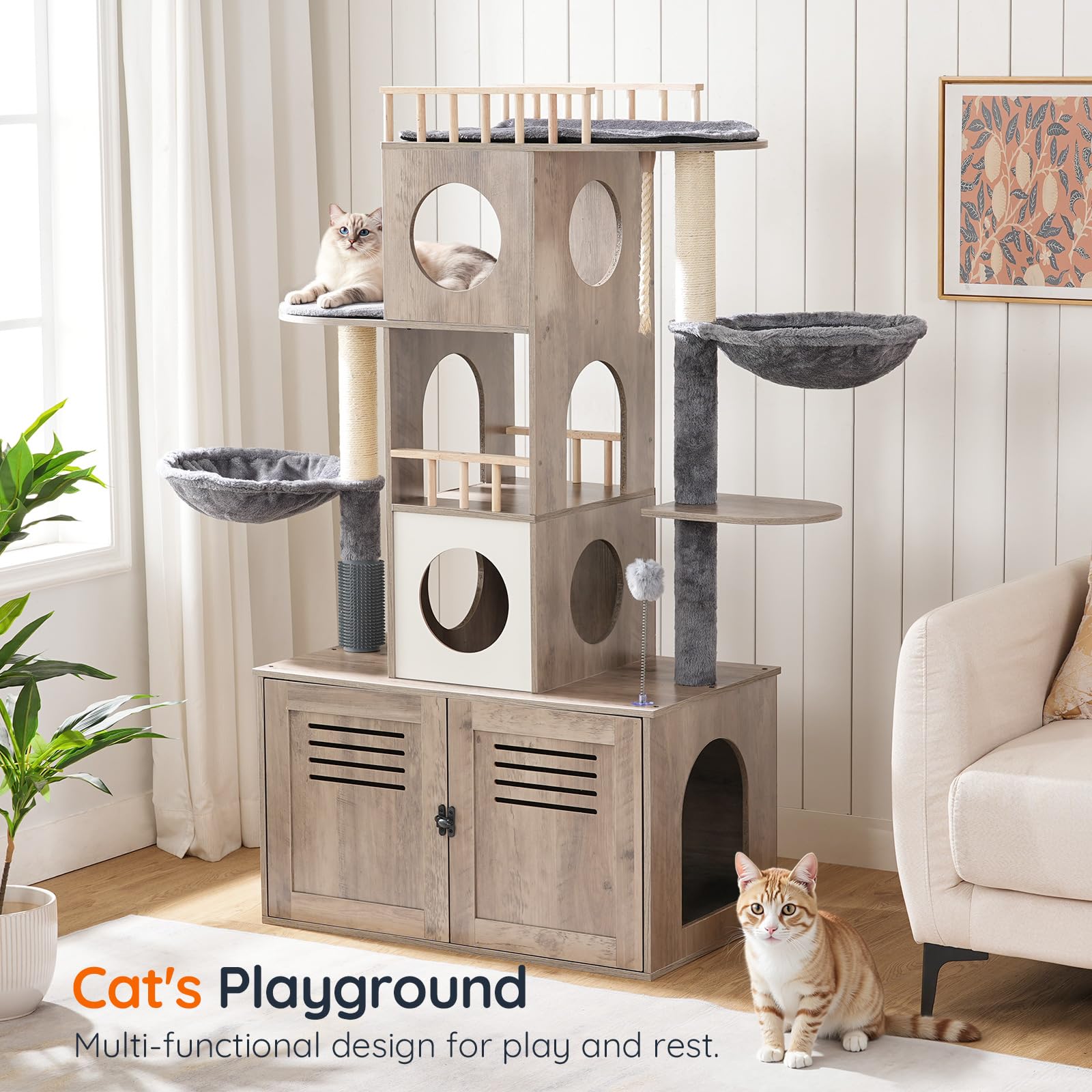 hoobro-pet-furniture-arbre-chat-greige-cache-liti-re-hamac image 4