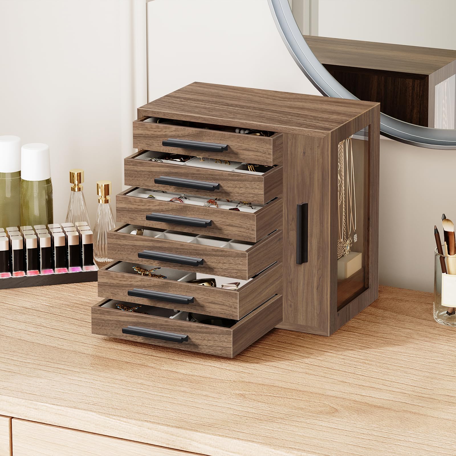 hoobro-jewelry-boxes-bo-te-bijoux-bois-noyer-6-tiroirs image 2