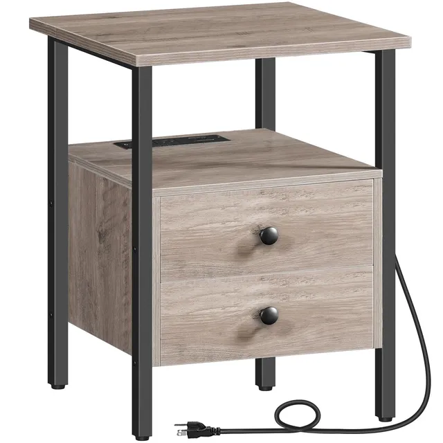 hoobro-table-de-chevet-2-tiroirs-greige-avec-prises-usb image 1