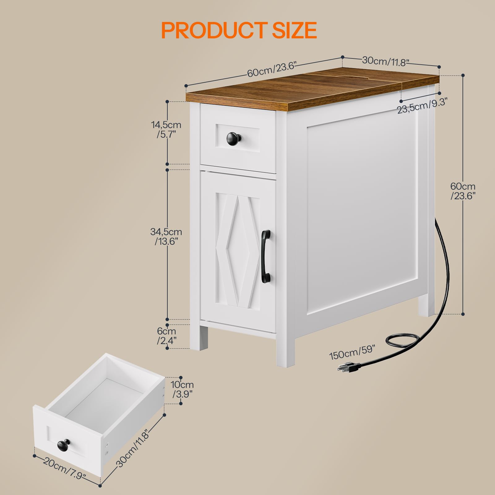 hoobro-table-de-chevet-troite-blanche-prise-usb-type-c image 3
