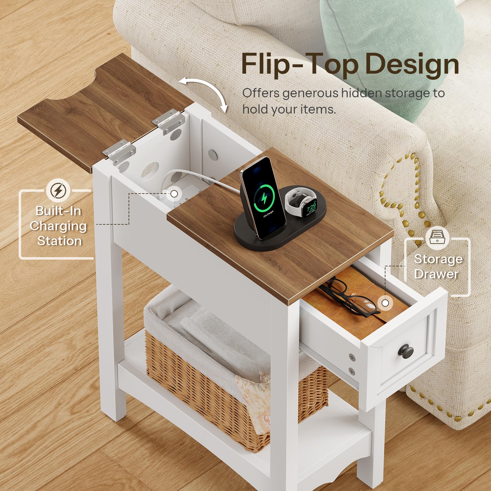 hoobro-side-tables-bout-de-canap-blanc-avec-prise-tiroir image 7