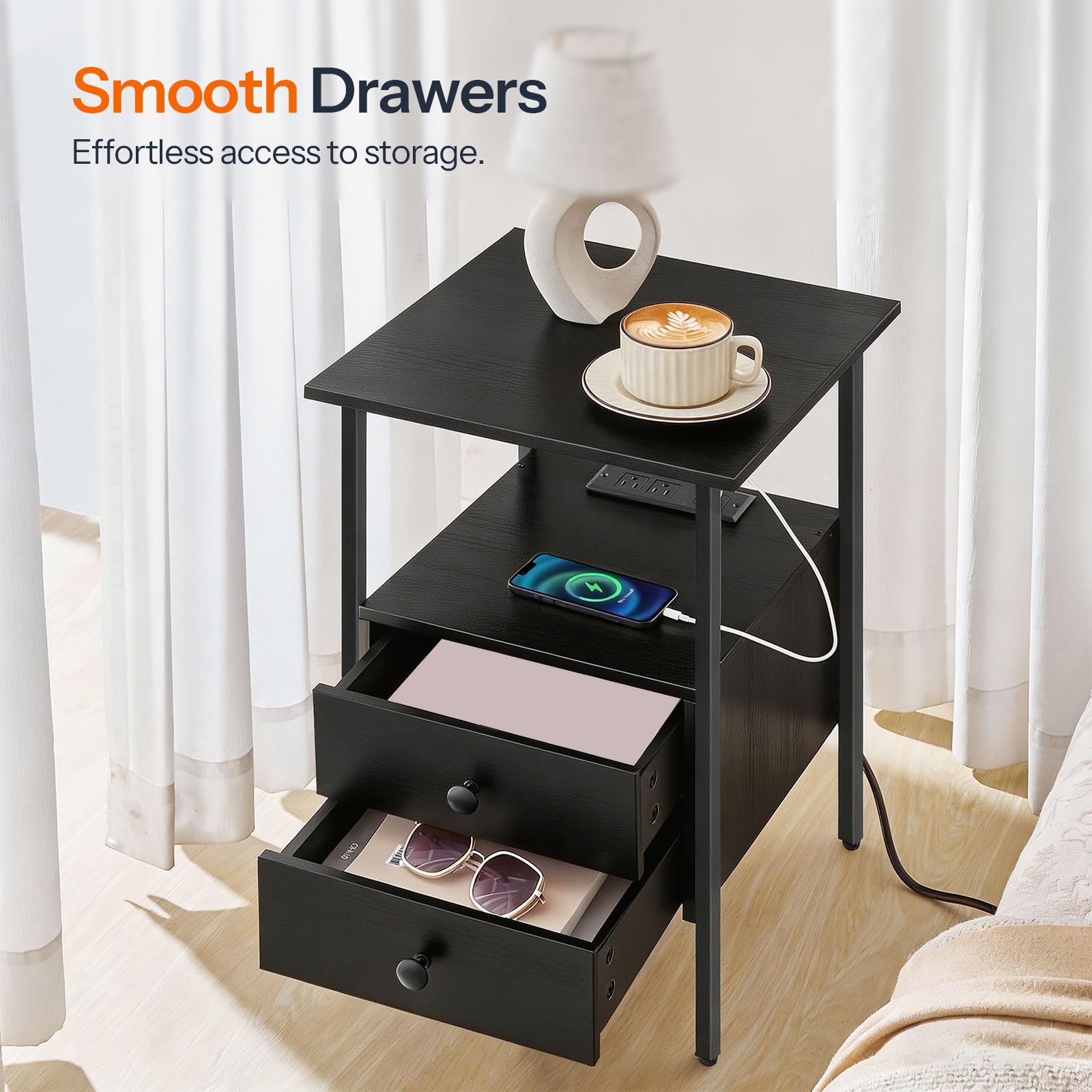 hoobro-bb43ubz01-table-appoint-noire-usb-type-c-2-tiroirs image 4
