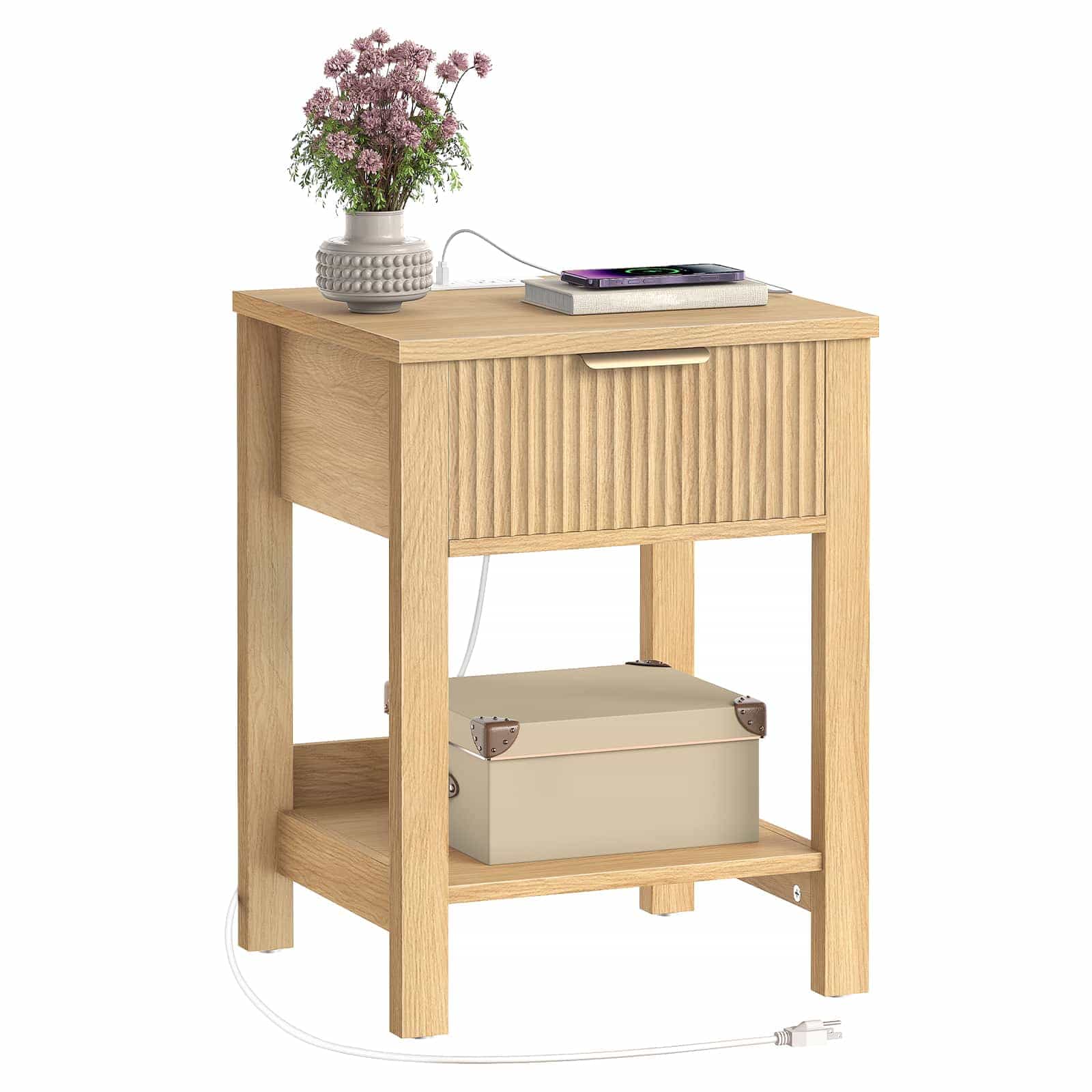 hoobro-table-de-chevet-bois-naturel-cannel-e-prise-usb-c image 1
